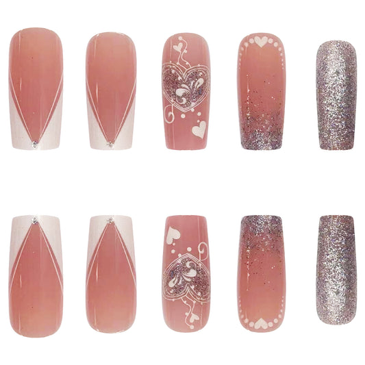 Romantic Blush Long Square Pink with Heart Design and Glitter Press-On Nail Set