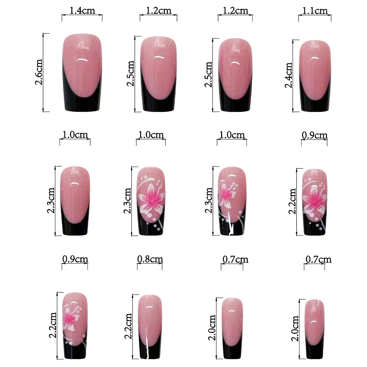 Blossom Elegance Long Square Black and Pink Floral Design Press On Nails