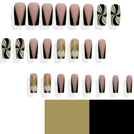 Glamorous Evening Shine Long Square Matte Pink and Black Nail Set with Glitter and Swirl Design