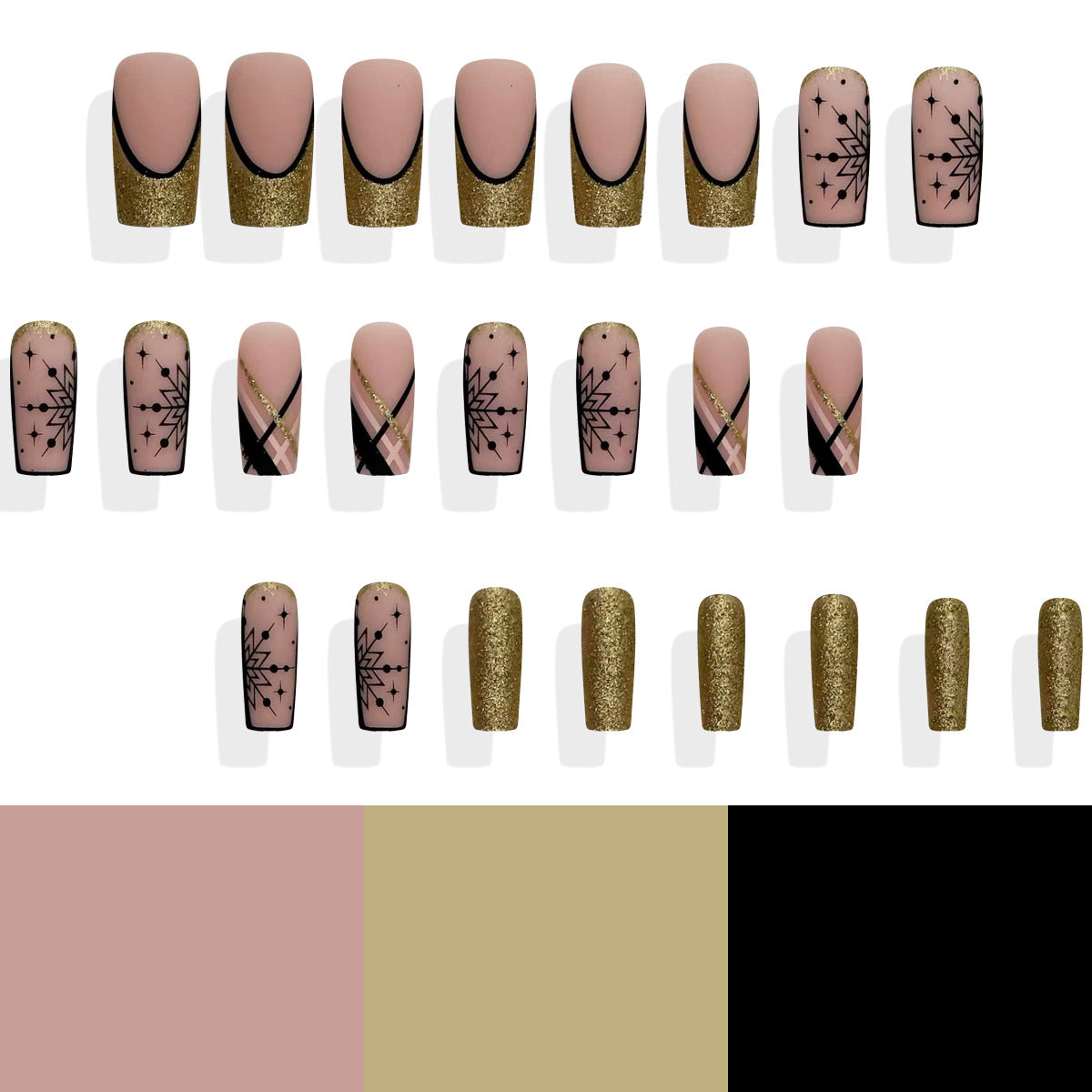 Glamorous Evening Elegance Long Square Beige and Gold Glitter Press on Nail Set with Intricate Black Design