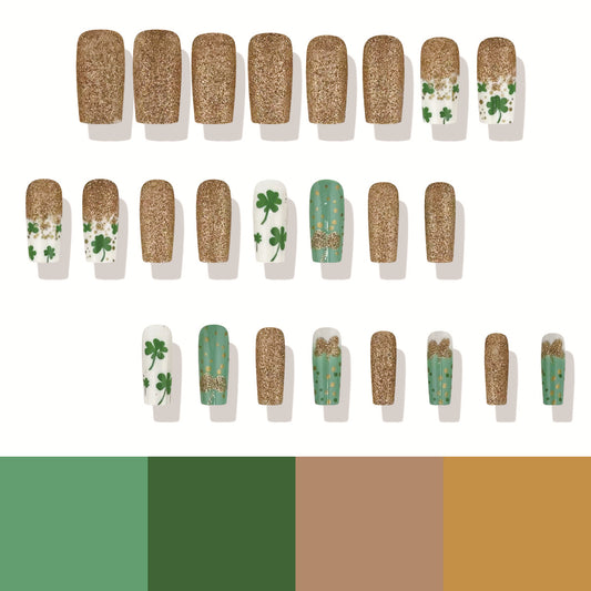 Lucky Charm Glittery Medium Square Green and Gold Press-On Nail Set with Shamrock Designs