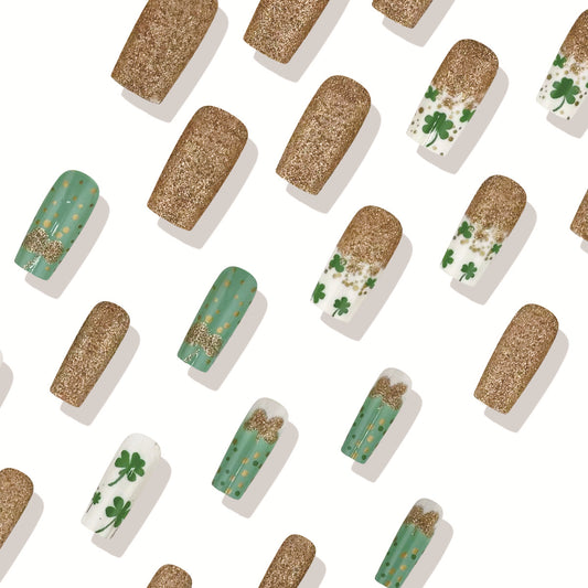Lucky Charm Glamour Press On Nails in Medium Square Shape Gold and Green with Shamrock Design