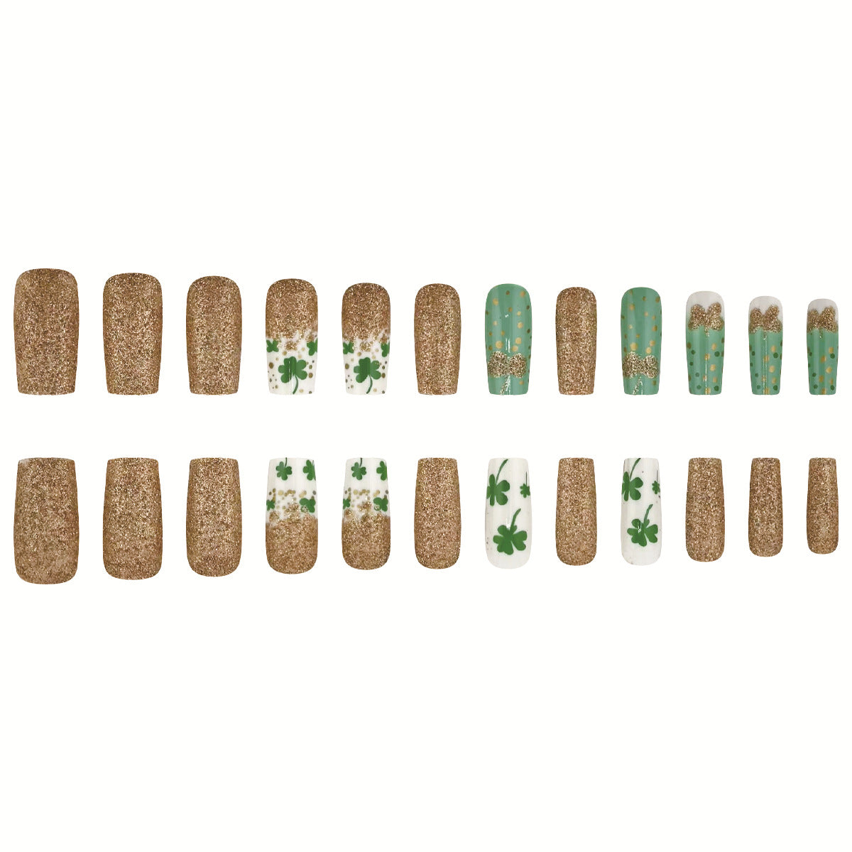 Lucky Charm Glamour Medium Square Glittery Green and Gold Press On Nail Set with Shamrock Designs