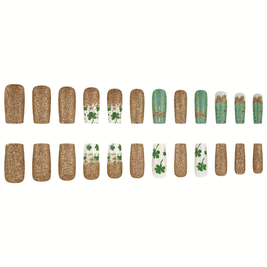 Lucky Charm Glamour Medium Square Glittery Green and Gold Press On Nail Set with Shamrock Designs