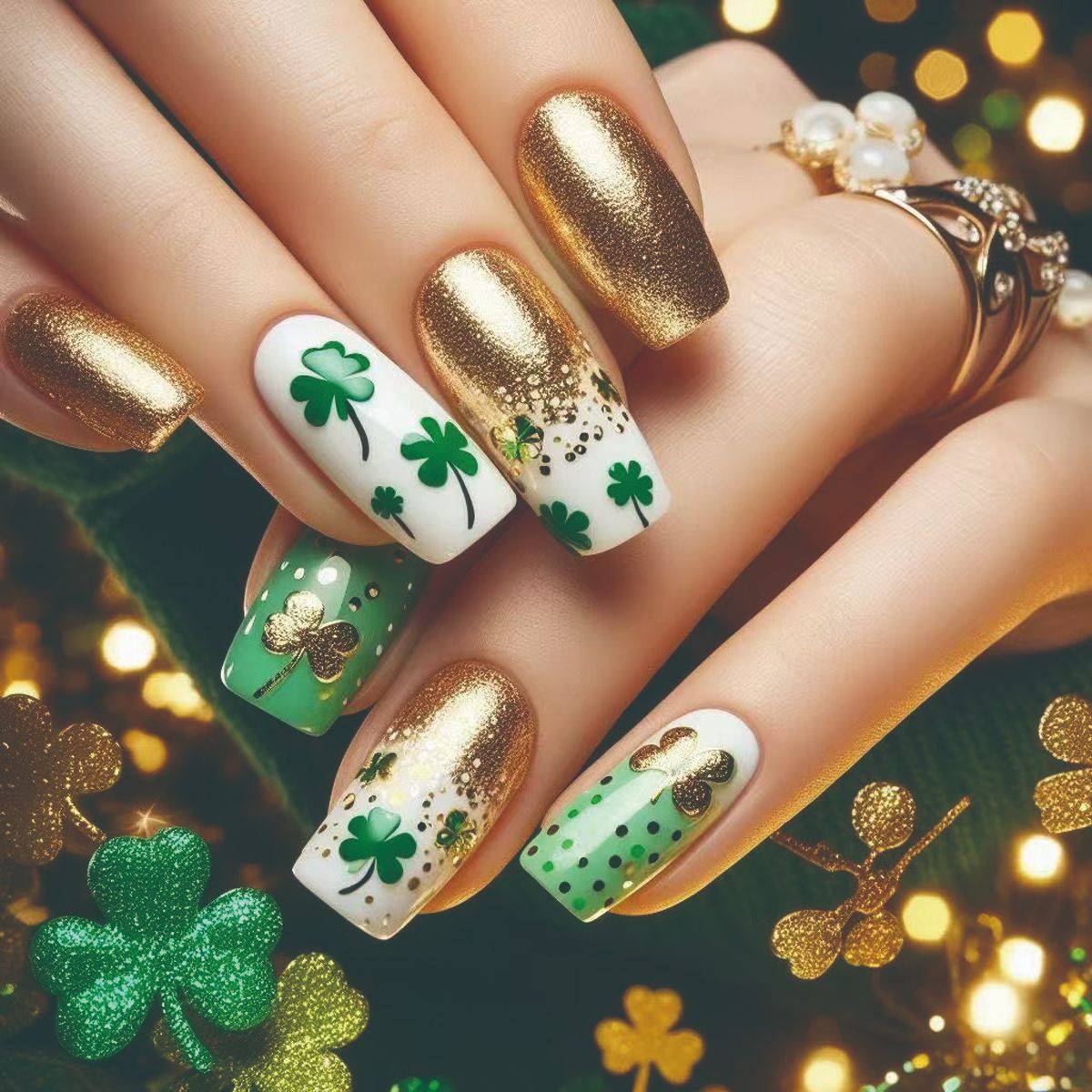 St. Patrick's Day Glamour Medium Square Green and Gold Press-On Nail Set with Festive Shamrock Design