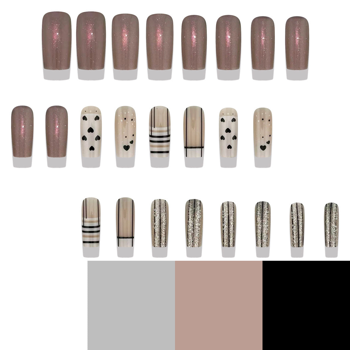 Chic Elegance Long Square Soft Rose with Glitter and Charming Patterns Press-On Nail Set