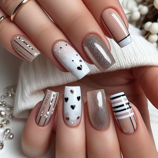 Chic Heartfelt Elegance Long Square Brown and White with Dazzling Glitter and Cute Heart Accents Press on Nail Set