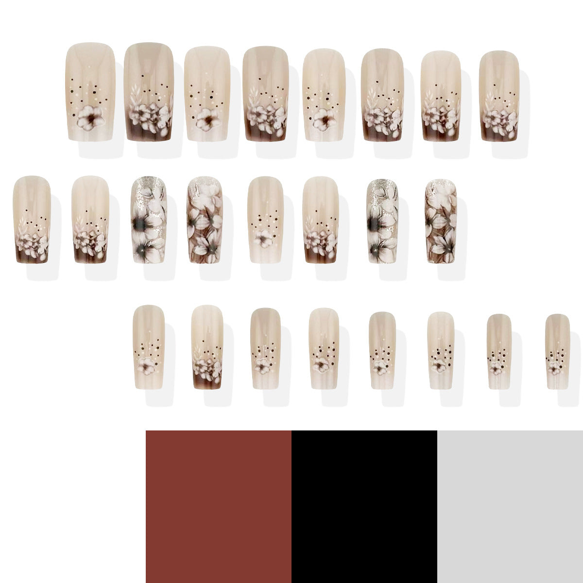 Nature's Elegance Medium Square Beige Floral Press On Nail Set with Glossy Finish