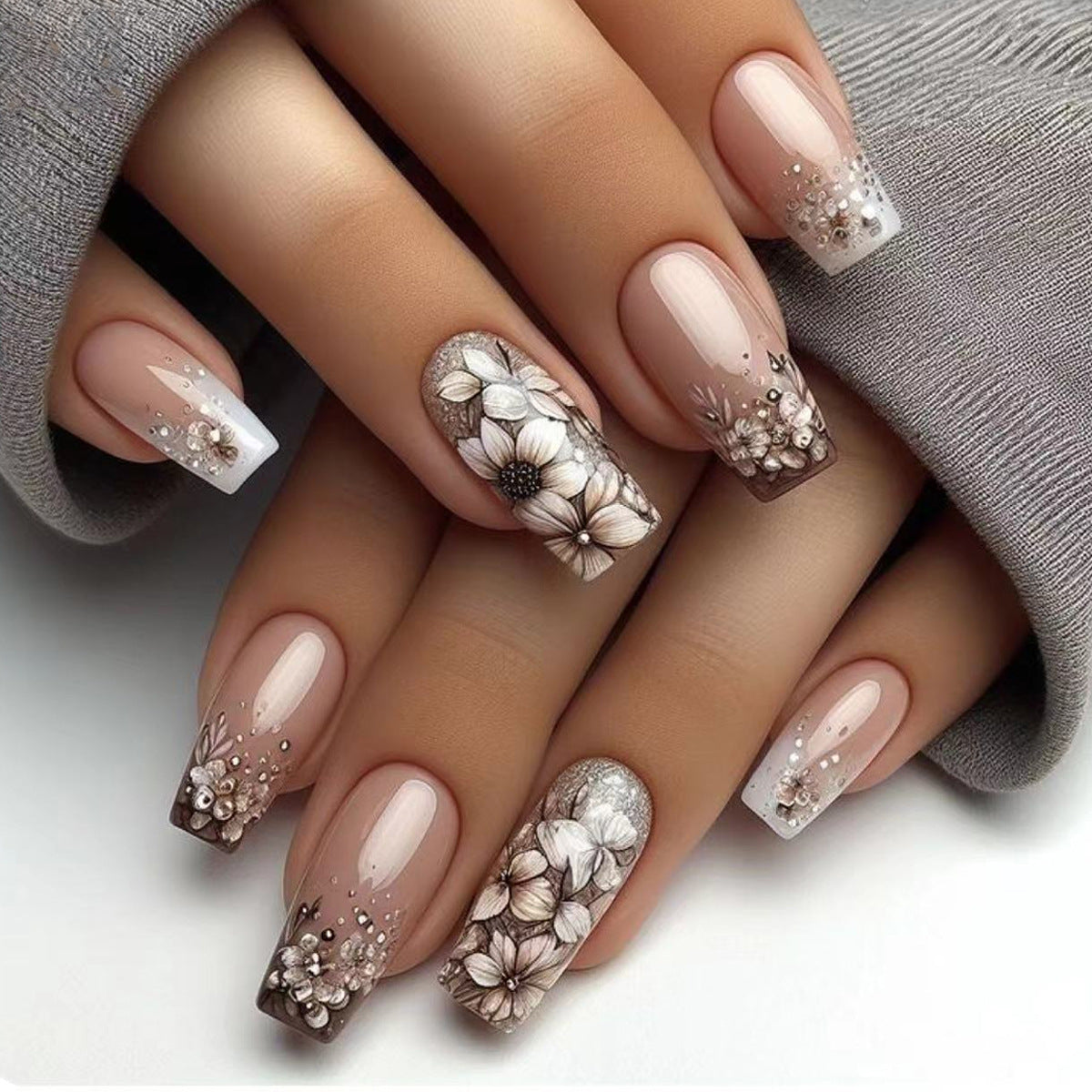 Floral Elegance Medium Square Beige Nails with Intricate Blossom Embellishments