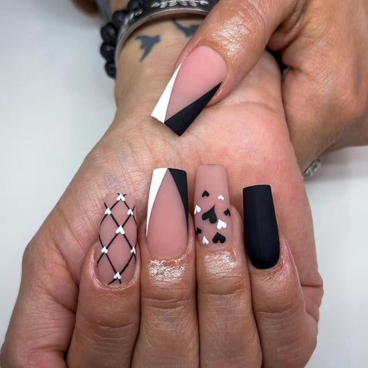 Chic Casino Glamour Medium Square Matte Black and Blush Press On Nail Set with Unique Heart and Geometric Designs
