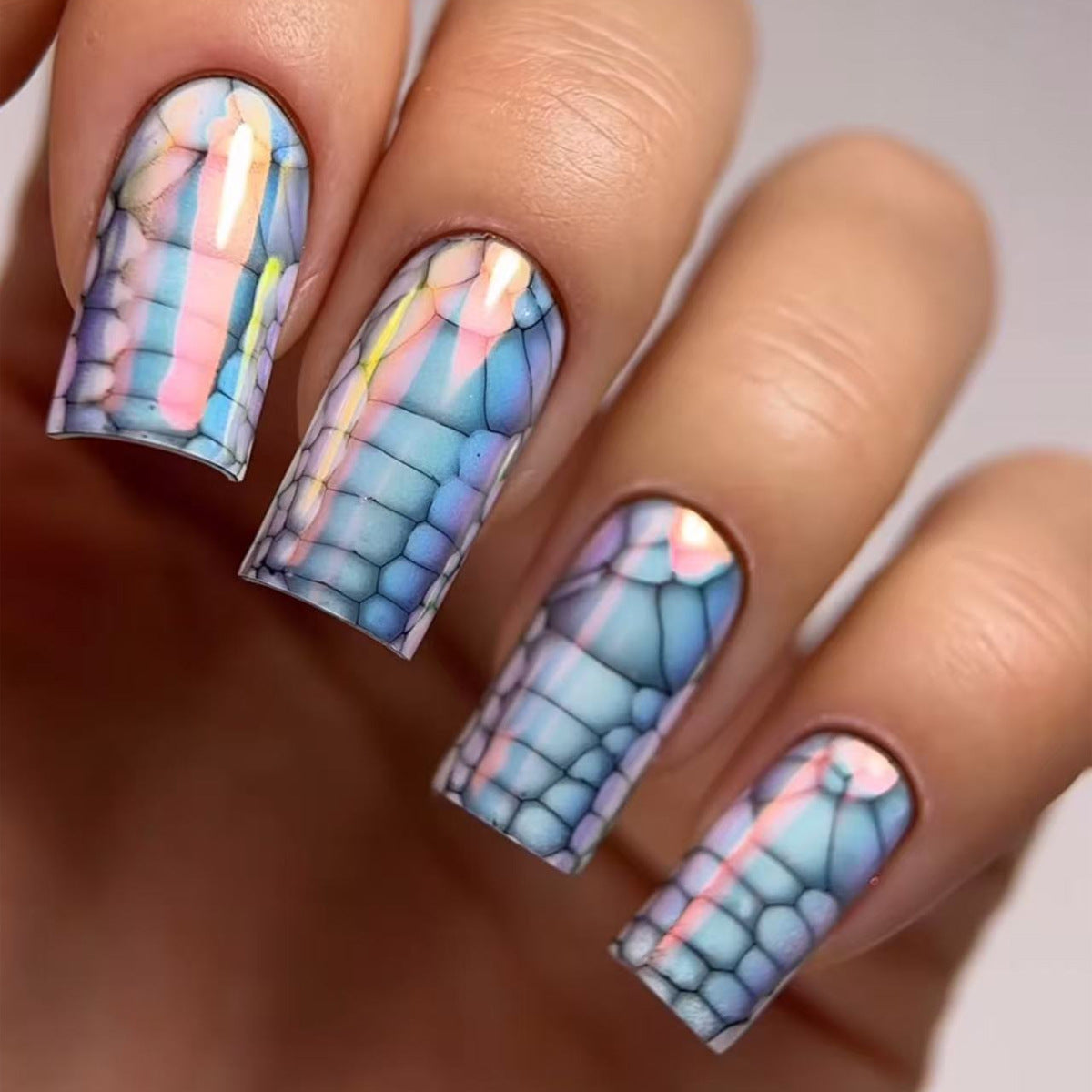 Dreamy Ocean Vibes Medium Square Blue and Pink Mosaic Press-On Nail Set with Glossy Finish