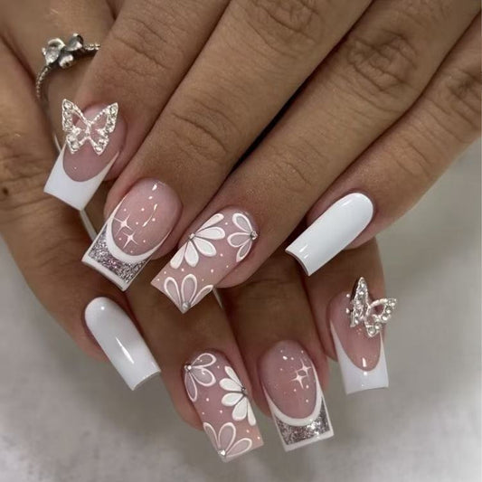 Charming Garden Inspired Short Square Pink White Nails with Butterfly and Floral Design