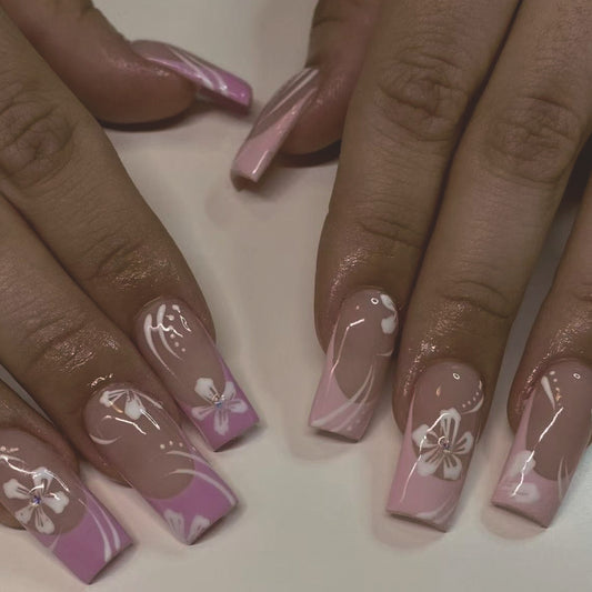 Blossoming Beauty Long Square Pink Floral Press On Nail Set with Shiny Accents