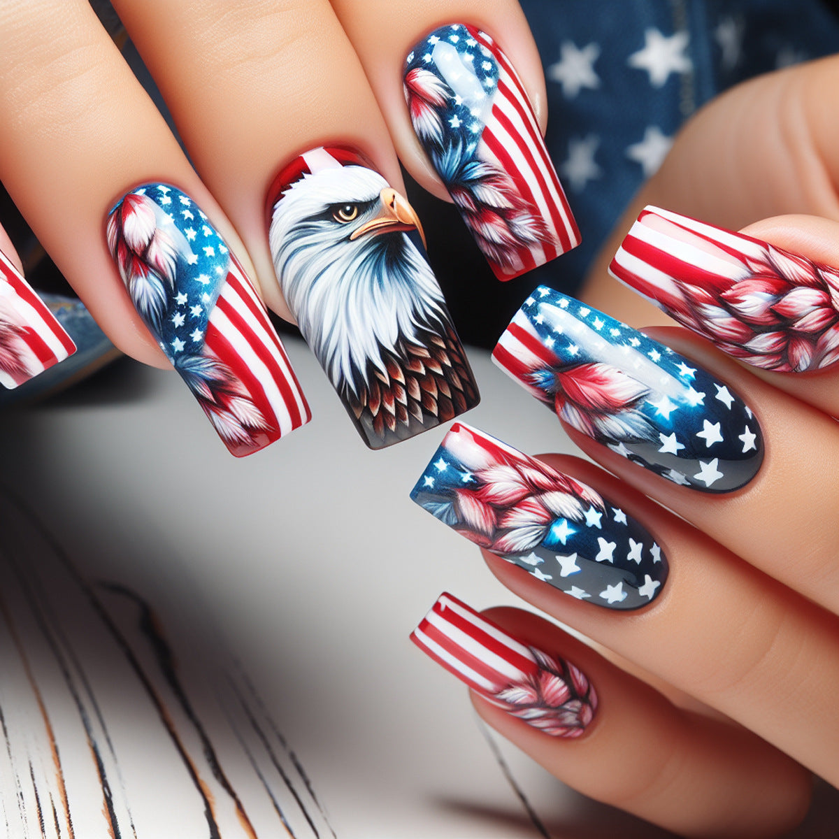 Patriotic Spirit Long Square Red and Blue Nail Set Featuring Eagle and Star Designs