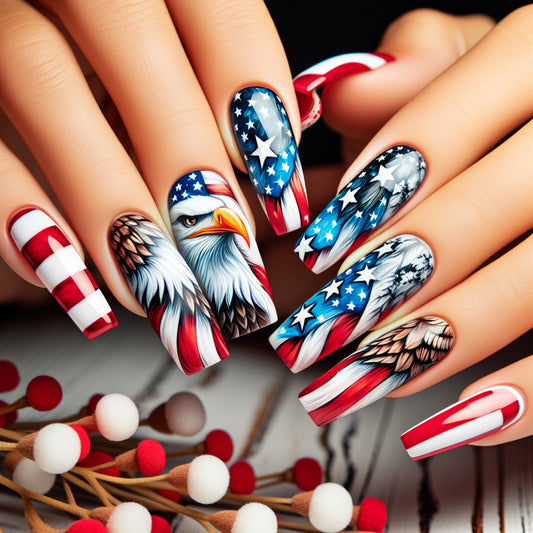 Patriotic Freedom Long Square Red and Blue Designs with Eagle and Stars Nails Set
