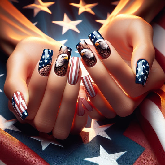 Patriotic Delight Long Square Red White and Blue with Stunning Bald Eagle Design Press on Nail Set