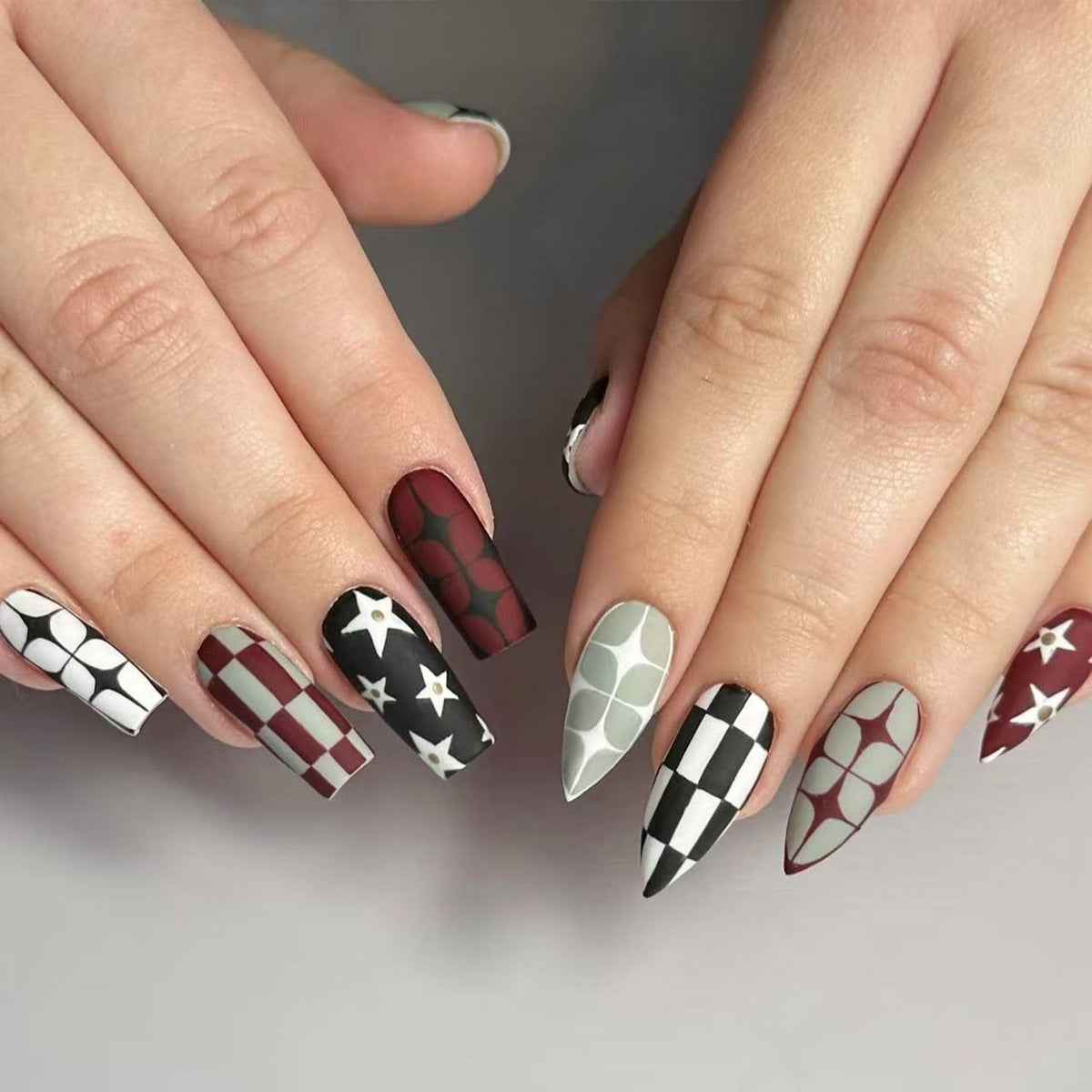 Chic Geometric Elegance Medium Almond and Coffin Matte Red Black Gray White Star Pattern Press On Nail Set