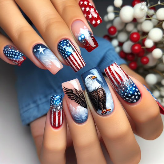 Patriotic Elegance Medium Square Red and Blue with Stunning Eagle Design Press-On Nail Set