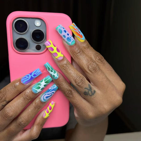 Bohemian Chic Extra Long Square Multi-Color Swirl Design Press On Nail Set