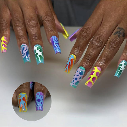 Vibrant Splash Long Square Colorful Abstract Design Press-On Nail Set