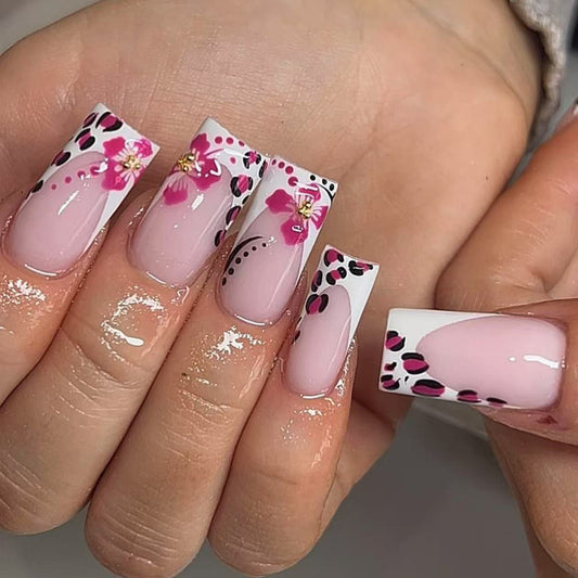 Floral Elegance Luxurious Medium Square Pink Nails with Intricate Flower and Leopard Print Design