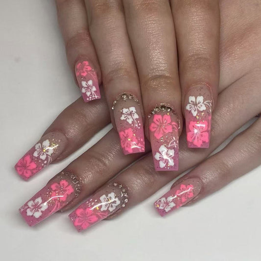 Tropical Blossom Extra Long Square Pink Ombre Nail Set with Floral Accents and Glitter Embellishments