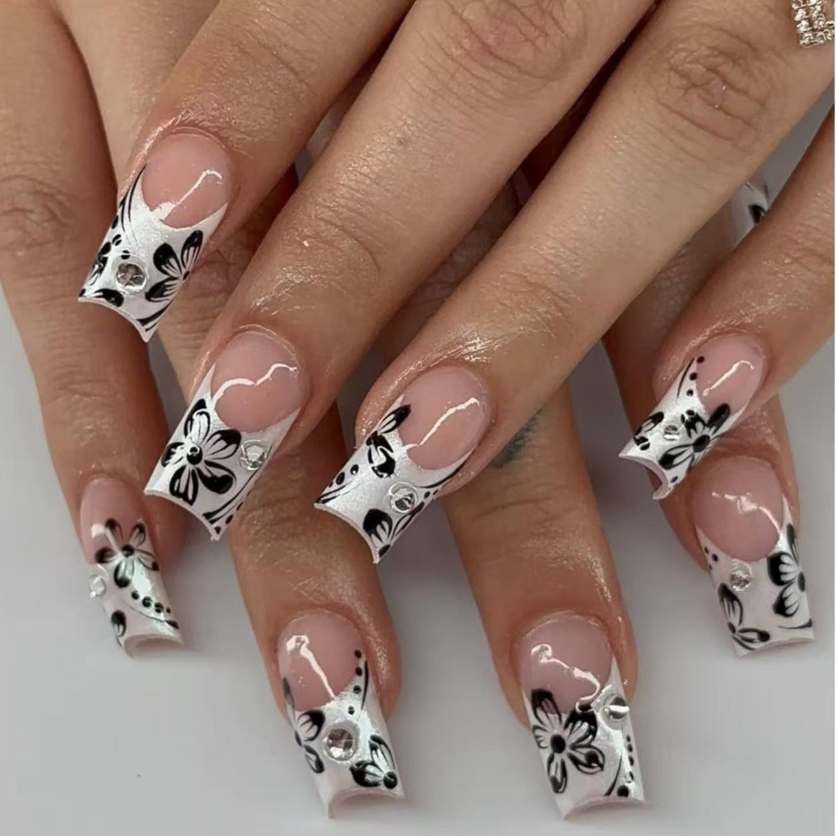 Chic Floral Elegance Long Square White with Black Floral Design and Gem Accents Press On Nail Set