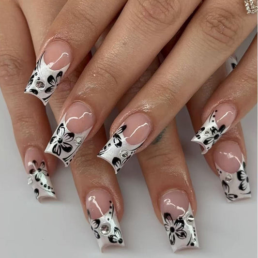 Chic Floral Elegance Long Square White with Black Floral Design and Gem Accents Press On Nail Set
