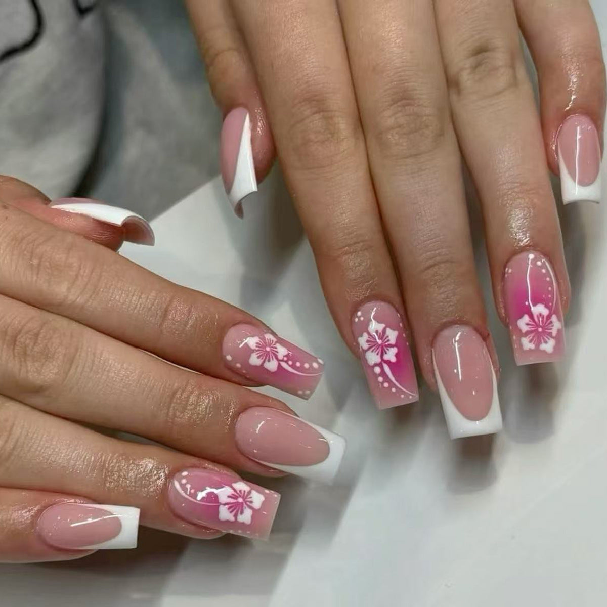 Tropical Paradise Long Square Pink Ombre Nails with Floral Design