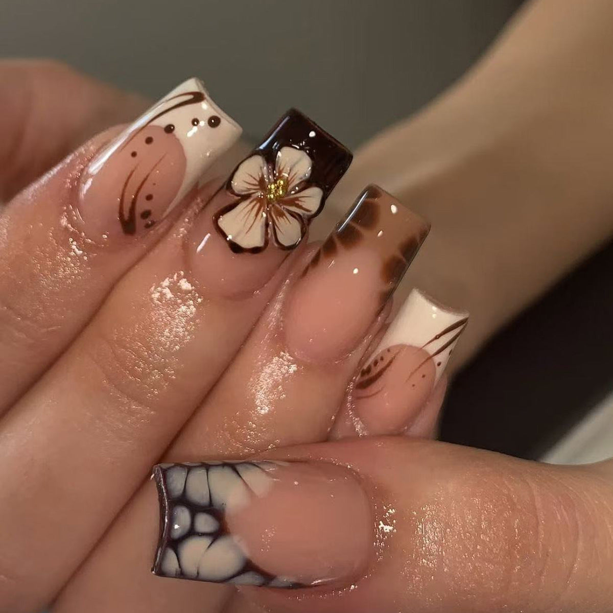 Tropical Vibes Long Square Brown Ombre with Floral Design Press On Nail Set