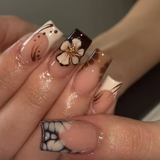 Tropical Vibes Long Square Brown Ombre with Floral Design Press On Nail Set