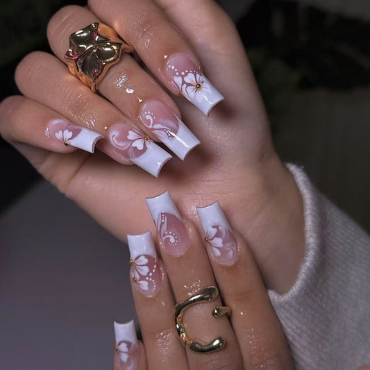 Blooming Elegance Long Square White Nails with Floral Artistry