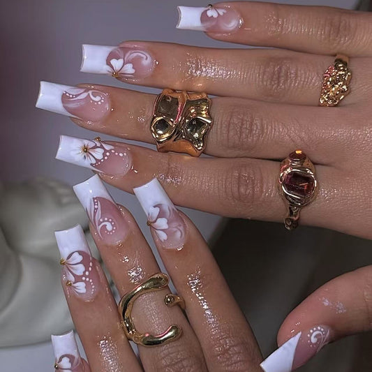 Chic Floral Elegance Long Square White with Delicate Hand-Painted Designs Press-On Nail Set