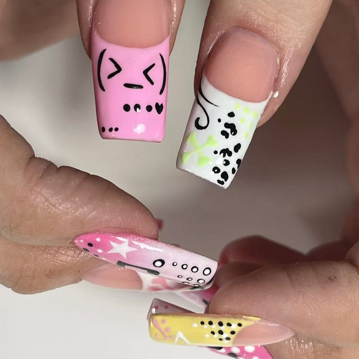 Playful Expressions Long Square Pink and White Press On Nail Set with Fun Graphic Designs