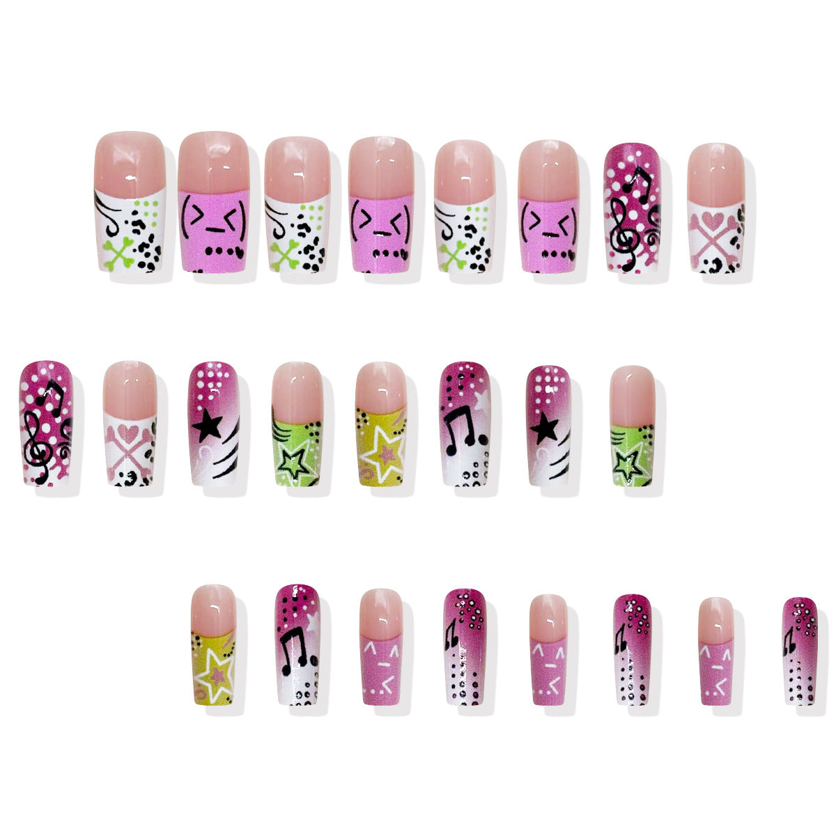 Vibrant Melody Long Square Pink and Green Artistic Press on Nail Set