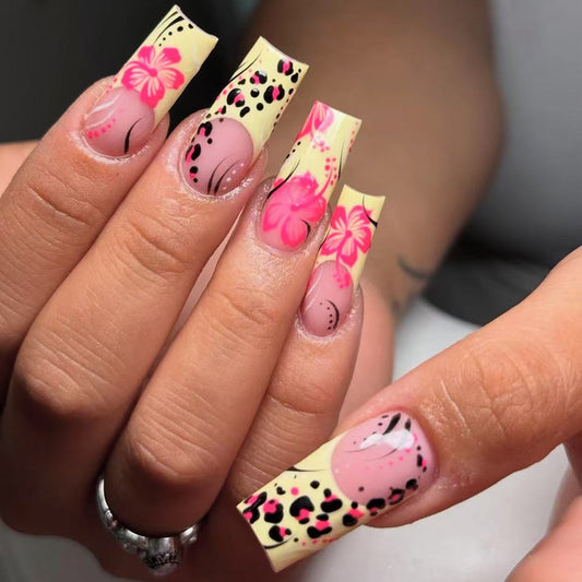 Tropical Vibes Long Square Yellow with Floral Patterns and Animal Print Press on Nail Set
