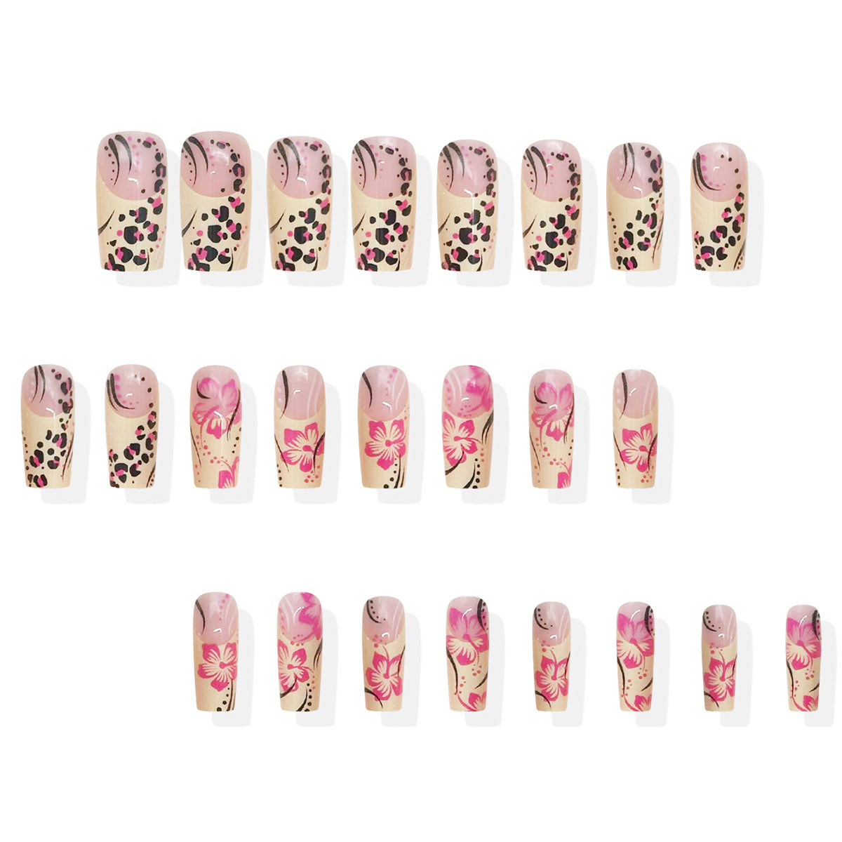 Tropical Elegance Long Square Pink Leopard and Floral Press On Nail Set with Stunning Design Details