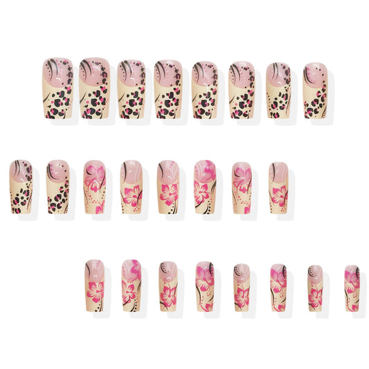 Tropical Elegance Long Square Pink Leopard and Floral Press On Nail Set with Stunning Design Details