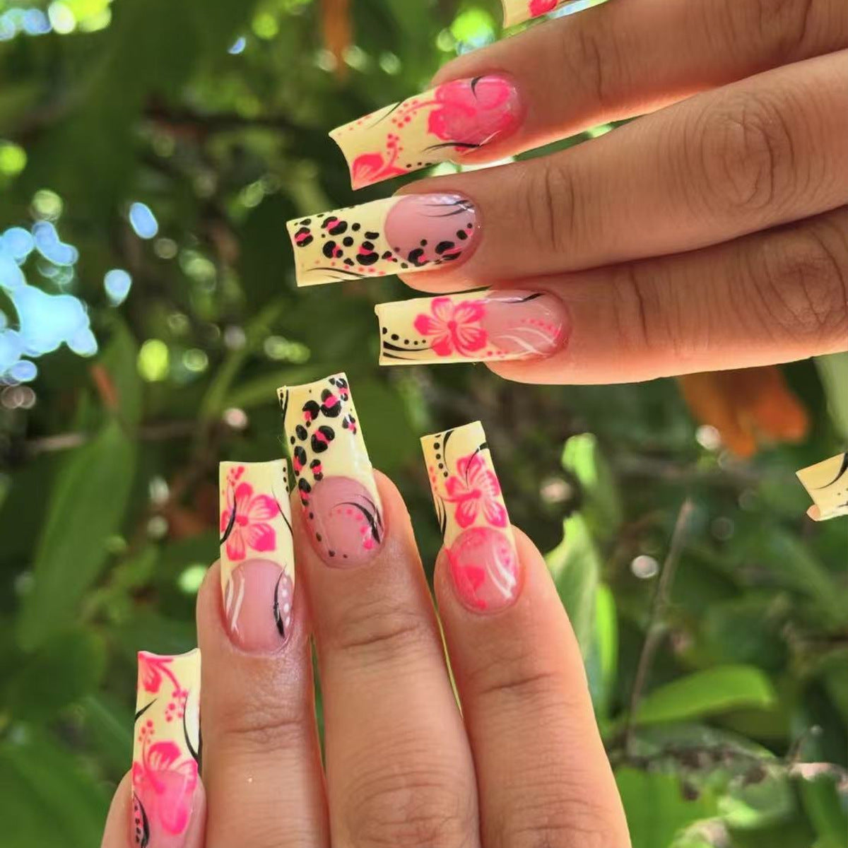 Tropical Vibes Long Square Yellow with Floral and Leopard Print Design Press-On Nail Set