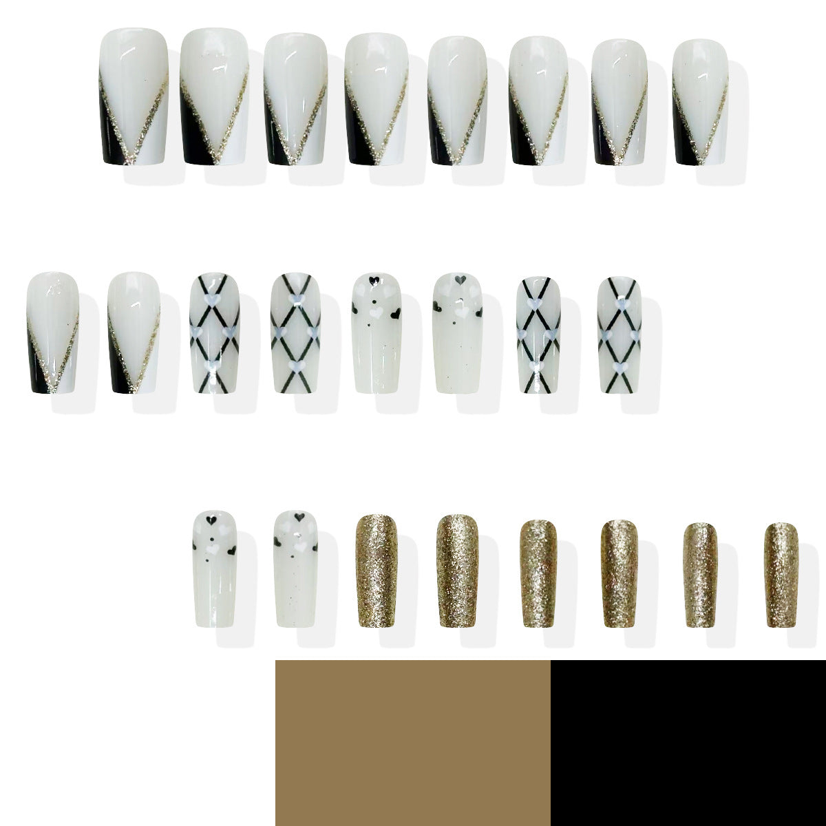 Chic Glamour Elegant Long Square White and Black with Glittery Accents Press-On Nail Set