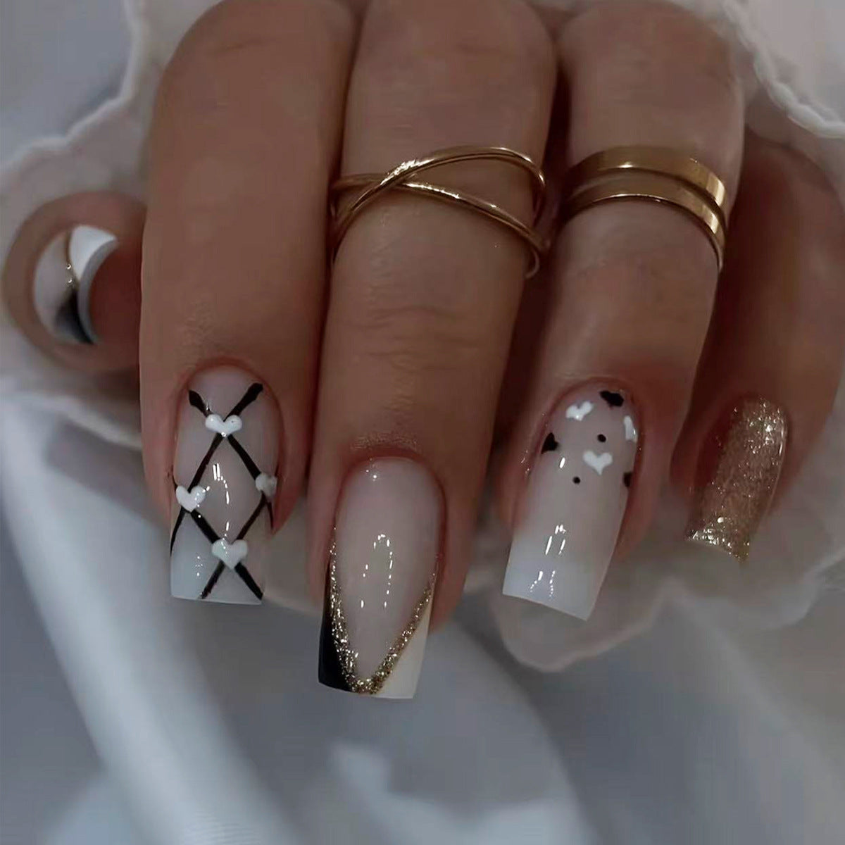 Chic Romance Long Square White and Black Patterned Press On Nail Set with Glamorous Gold Accents