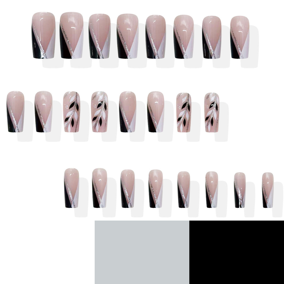 Elegant Geometry Press On Nail Set in Long Square Blush Pink with Black and White Accents Featuring Glitter Stripes and Leaf Designs