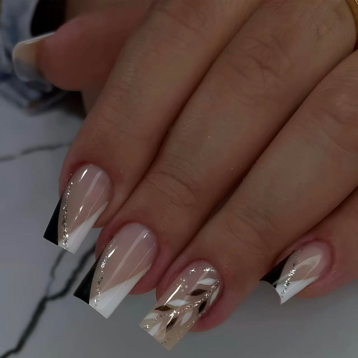 Chic Elegance Long Square Ombre Black and White with Gold Accents Press On Nail Set