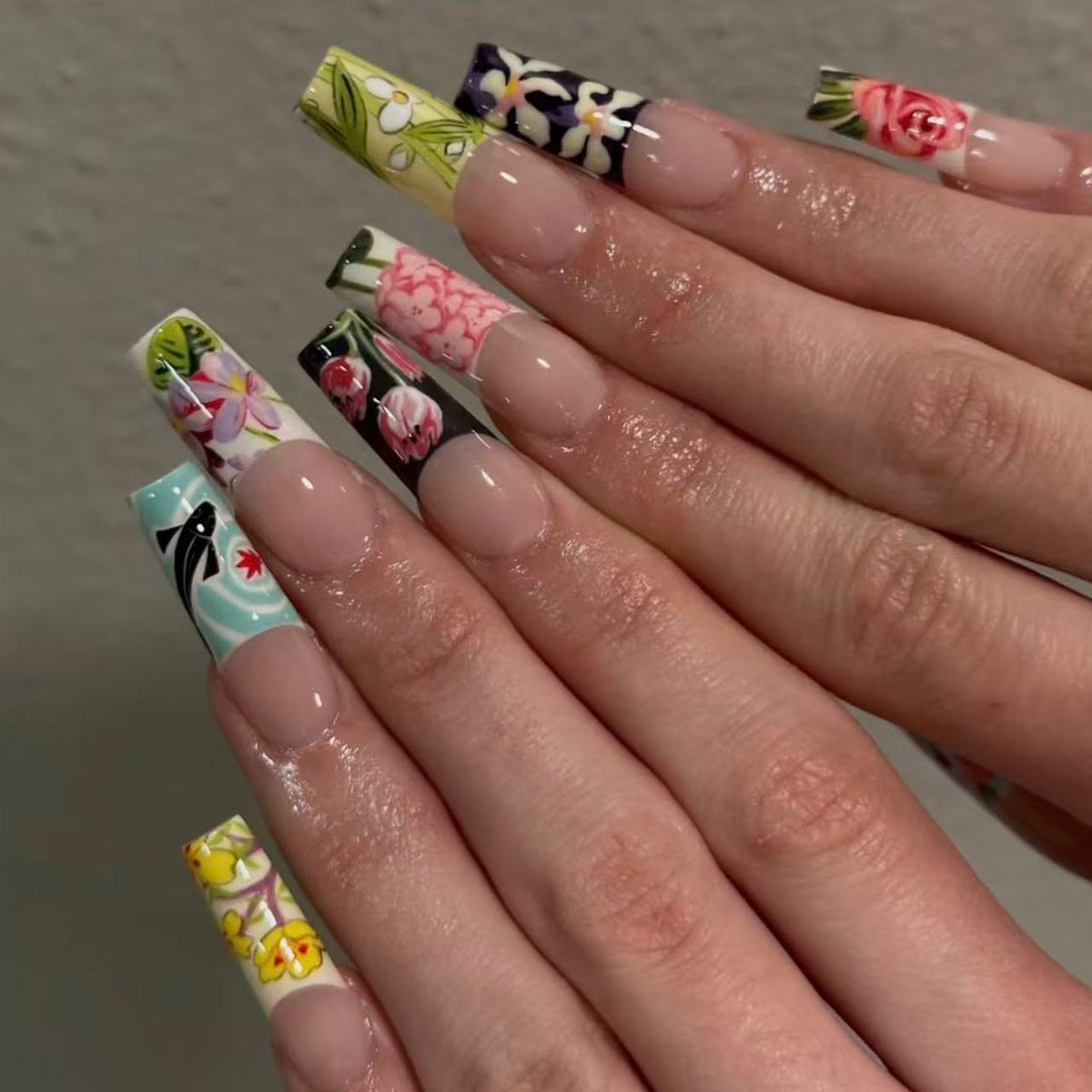 Floral Fantasy Long Square Colorful Press On Nail Set with Vibrant Botanical Designs