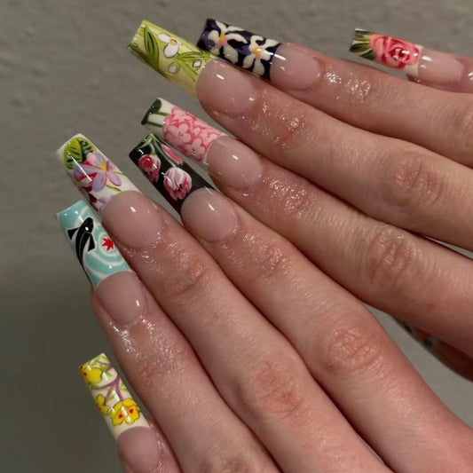 Floral Fantasy Long Square Colorful Press On Nail Set with Vibrant Botanical Designs