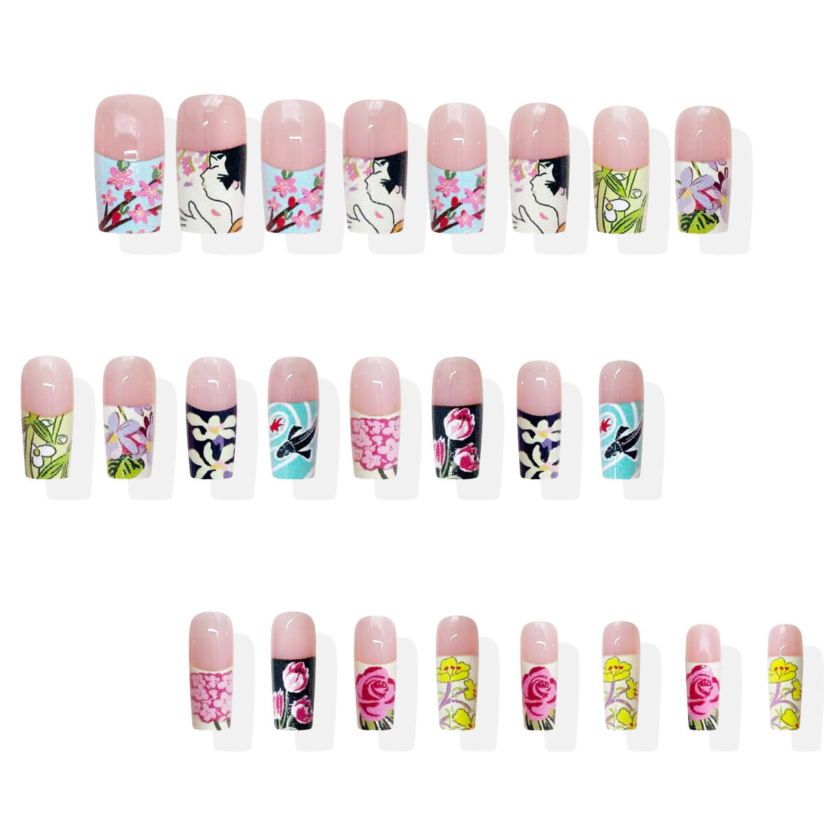 Charming Floral Elegance Long Square Pastel with Artistic Botanical Design Press On Nail Set