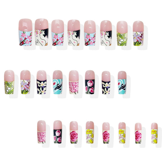 Charming Floral Elegance Long Square Pastel with Artistic Botanical Design Press On Nail Set