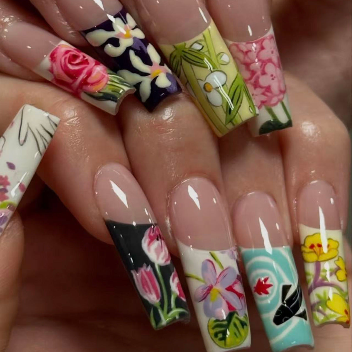 Floral Fantasy Long Square Press On Nail Set Elegant Multicolor Hand-Painted Design