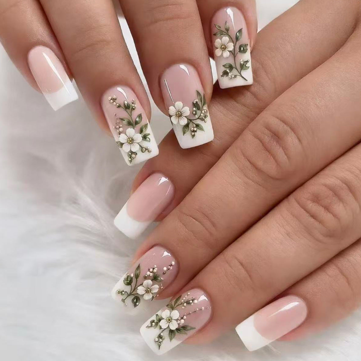 Blossom Delight Medium Square White Floral Design Press On Nail Set