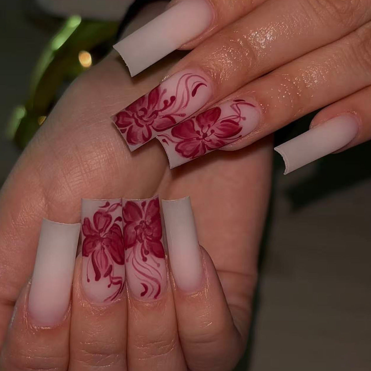 Blossom Inspired Long Square Matte Floral Press On Nail Set